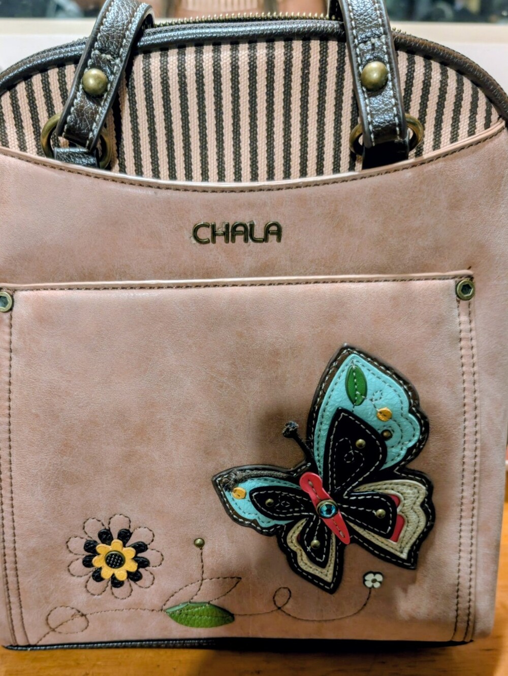 Chala Tan And Brown Convertible Backpack Tote with Colorful Butterfly Appliqué.